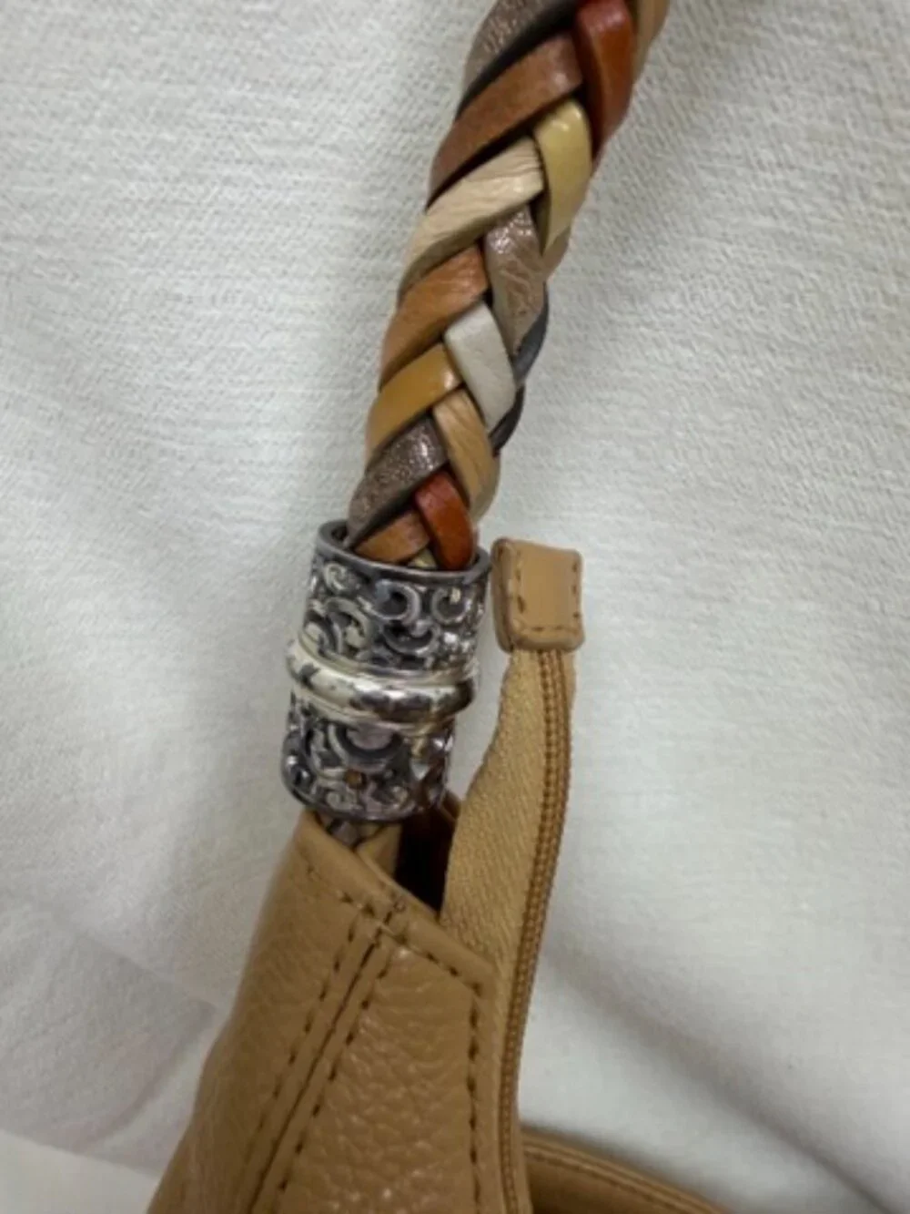 Brighton Barbados Tan Pebbled Leather Braided Shoulder Hobo Bag Tassel F145037